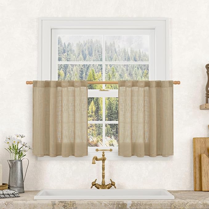 LAMIT Semi Sheer Short Linen Curtains 24 Inch Long, Light Filtering Panels Back by LAMIT