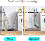 OUTNILI Black Mop Broom Holder Wall Mount with 4 Slots & 4 Hooks - Rustic Wood Broom Mop Hanger for Pantry Closet Laundry Room Organization - Heavy Duty Garden Tool Organizer - Black Kitchen Decor