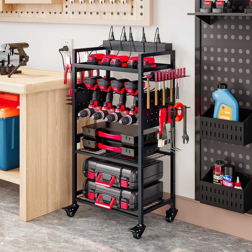 INGIORDAR Power Tool Organizer storage Cart with Charging Station,Black