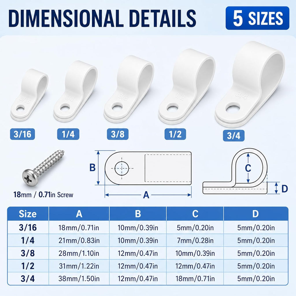 330 Pcs White Cable Clips Wall, Plastic Wire Cable Clamps with Screws, R Nylon Wire Clips for CordsWire Clamps for Cables, cCable Management Clipss, for Organizing Electric Wires Cords(5 Sizes)