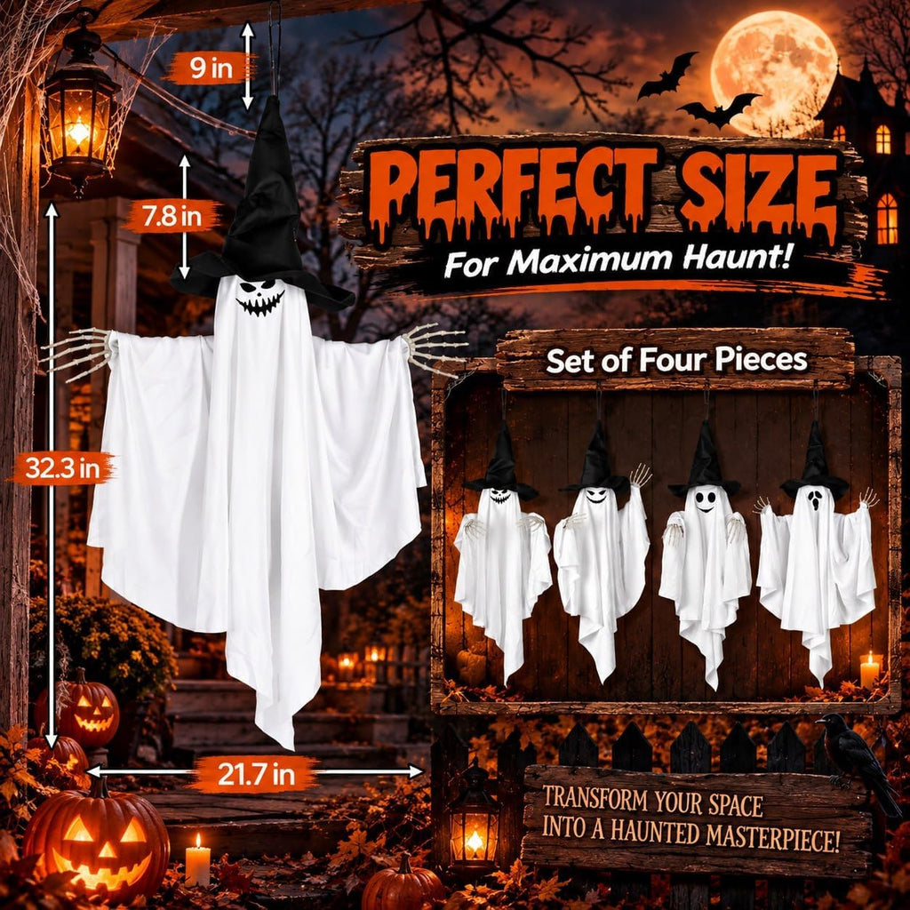 4 Pack 32 Inch Hanging Ghosts Halloween Decor, Ghost Decorations with Witch Hats & Skeleton Hands, Floating Ghost Halloween Decorations for Outside, Front Porch, Yard, Patio & Indoor Decor