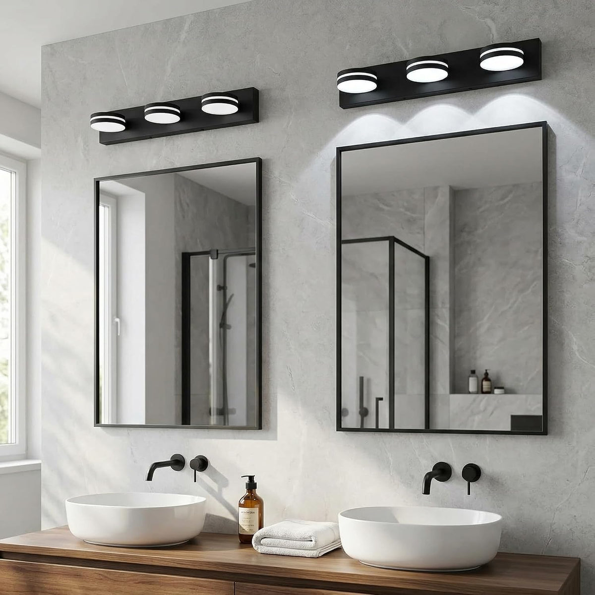 3-Light Bathroom Vanity Light Over Mirror, 24 Inch Dimmable Matte Black LED Vanity Lighting Fixtures, Modern Bathroom Wall Light Fixtures with 350° Rotating Head, Cool White 5500K