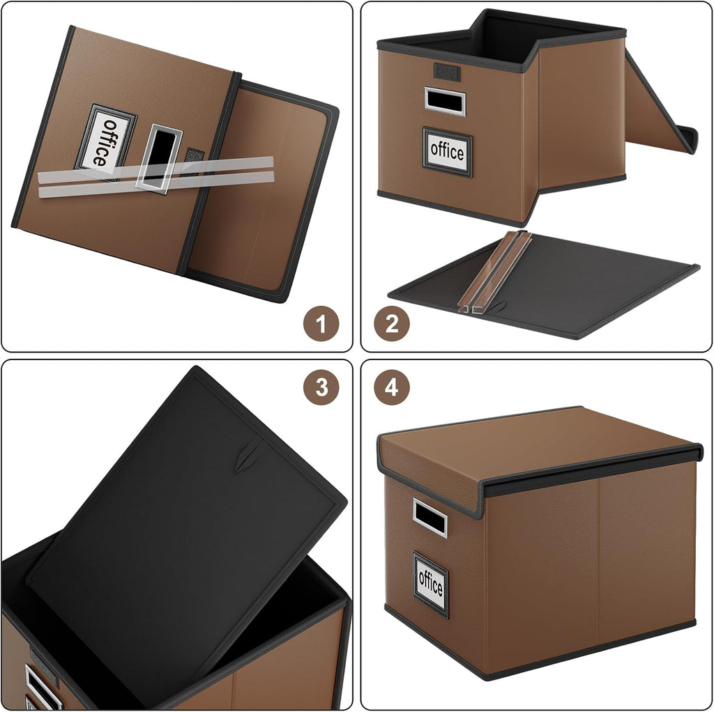 Foldable File Organizer Box with Lids (1 Pack, Brown, Leather)