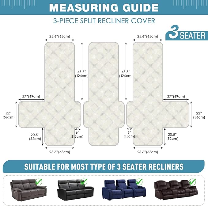TAOCOCO 100% Waterproof Recliner Sofa Covers 3 Seater Split Couch Covers - Image 5
