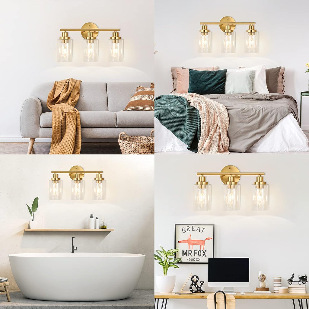 Brushed Brass Bathroom Wall Light Fixtures 3 Lights Vanity Wall Sconce with Clear Glass Shade Modern Farmhouse Wall Lamp for Bathroom Mirror Kitchen Living Room Workshop