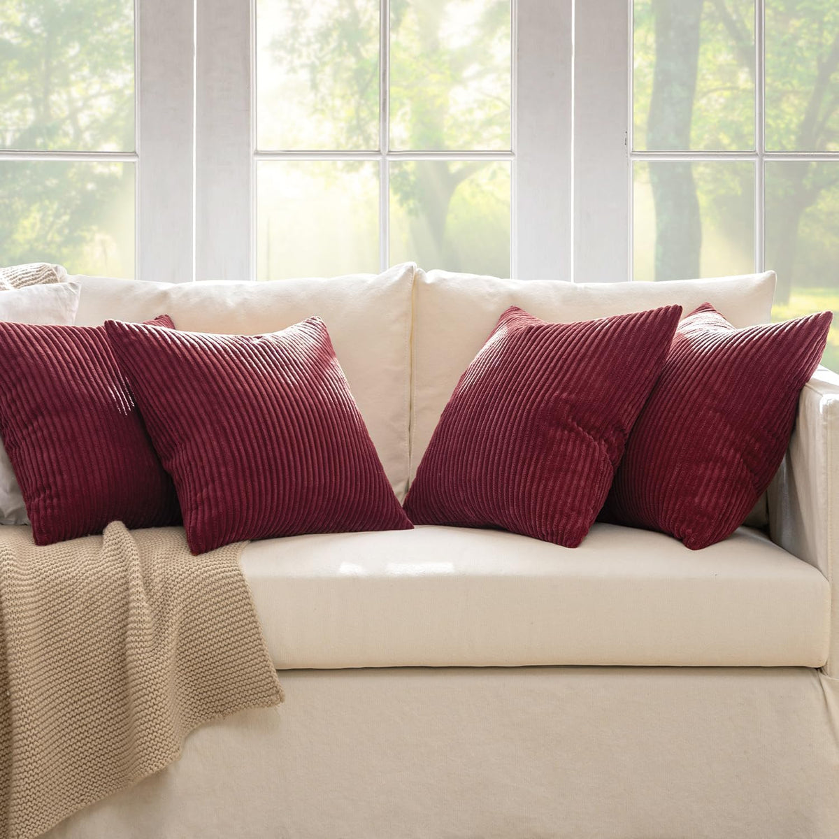 MIULEE Soft Corduroy Christmas Throw Pillow Covers Burgundy 18x18