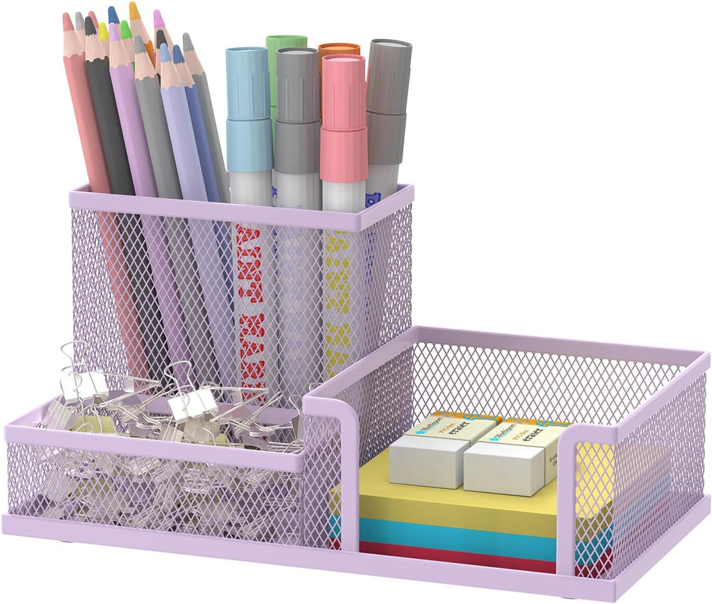 Mesh Pen Holder Desk Organizer, Office Supplies Pencil Storage with 3 Compartments, Office Desk Accessories and Workspace Organizers for Home School Classroom, Purple