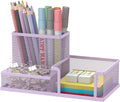 Mesh Pen Holder Desk Organizer, Office Supplies Pencil Storage with 3 Compartments, Office Desk Accessories and Workspace Organizers for Home School Classroom, Purple