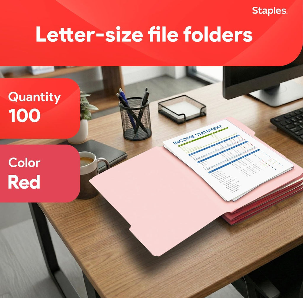Staples File Folders, Letter Size, 1/3-Cut Tabs, Red, 100/Pack
