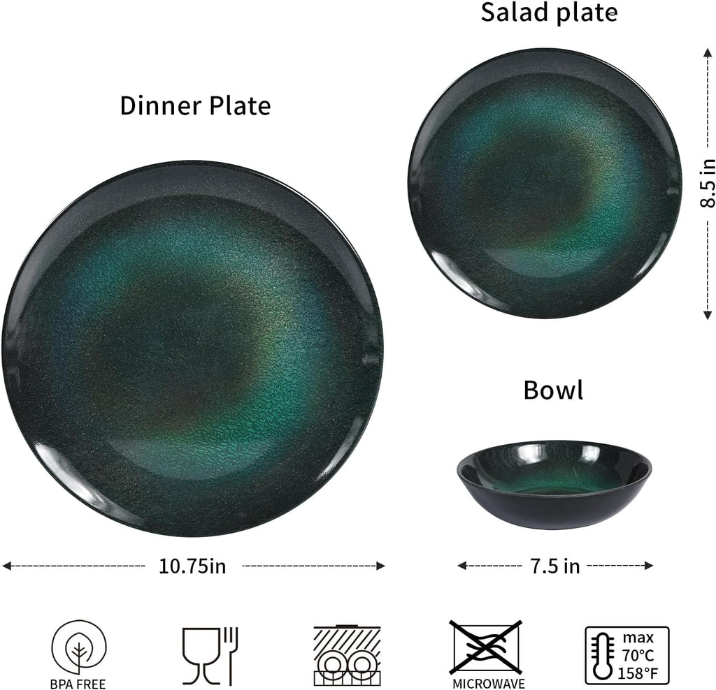 12pcs Plates and Bowls Set, Green Dinner Dishes Set
