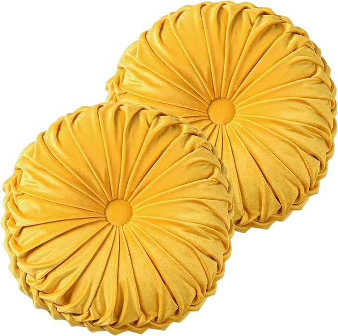 HIG Set of 2 Yellow Ruched Velvet Round Throw Pillows – 14.5’’ Decorative by HIG
