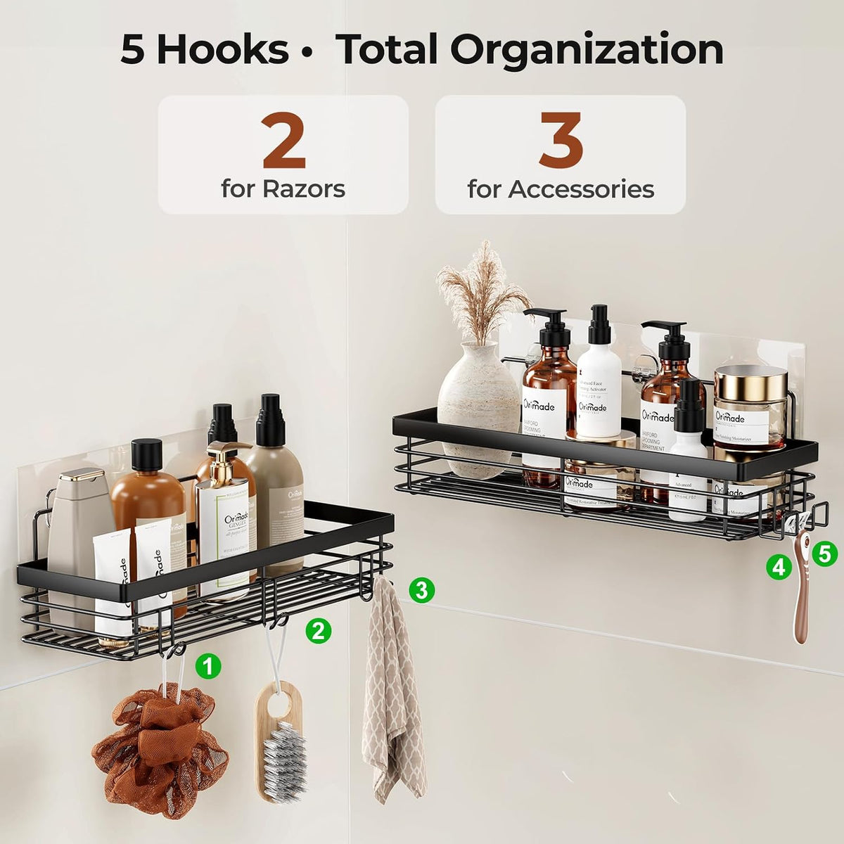 Orimade Shower Caddy with 5 Hooks for Hanging Razor and Sponge Adhesive Shower Shelf Basket Bathroom Storage Organizer Kitchen Rack No Drilling Stainless Steel Rustproof - 2 Pack,Black