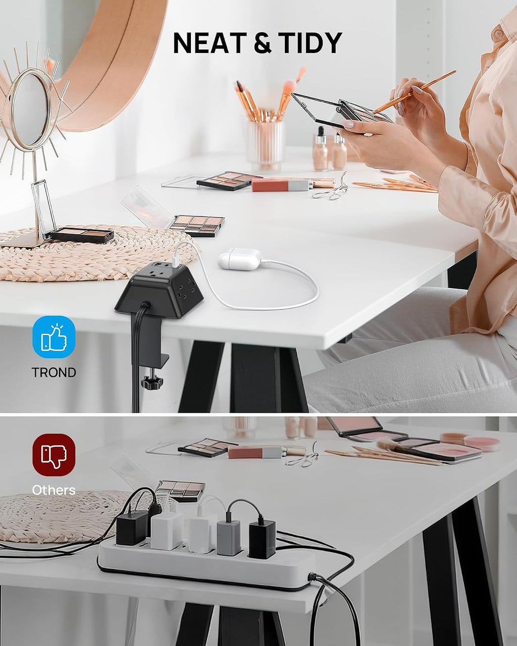 TROND Desk Clamp Power Strip with 5 AC Outlets and 3 USB Ports, Black