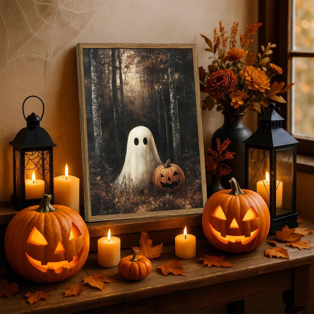 Framed Vintage Halloween Ghost Canvas Wall Art, Cute Ghost Pumpkin Wall Decor Paintings, Gothic Dark Academia Pictures Prints Spooky Fall Forest Home Decor for Living Room Bedroom 12x16 inch