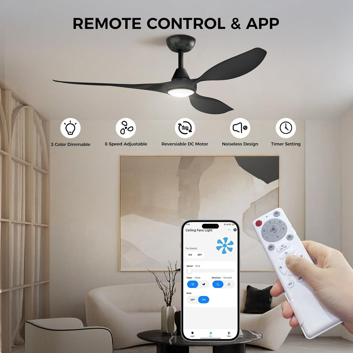 Roomratv 52'' Smart Ceiling Fan with Light, Wide Blade Design, Remote