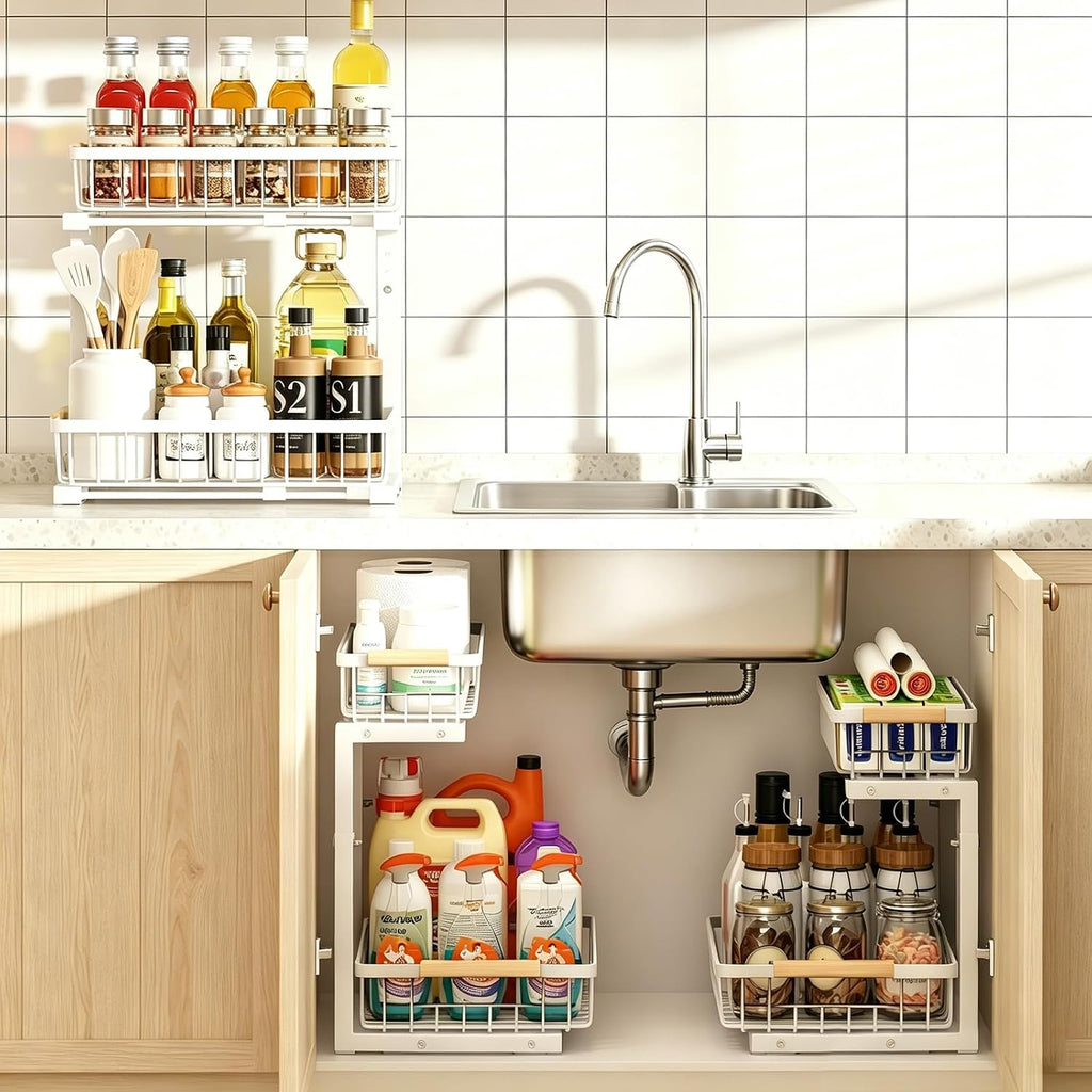 REALINN Under Sink Organizer, White 2 Pack Height Adjustable
