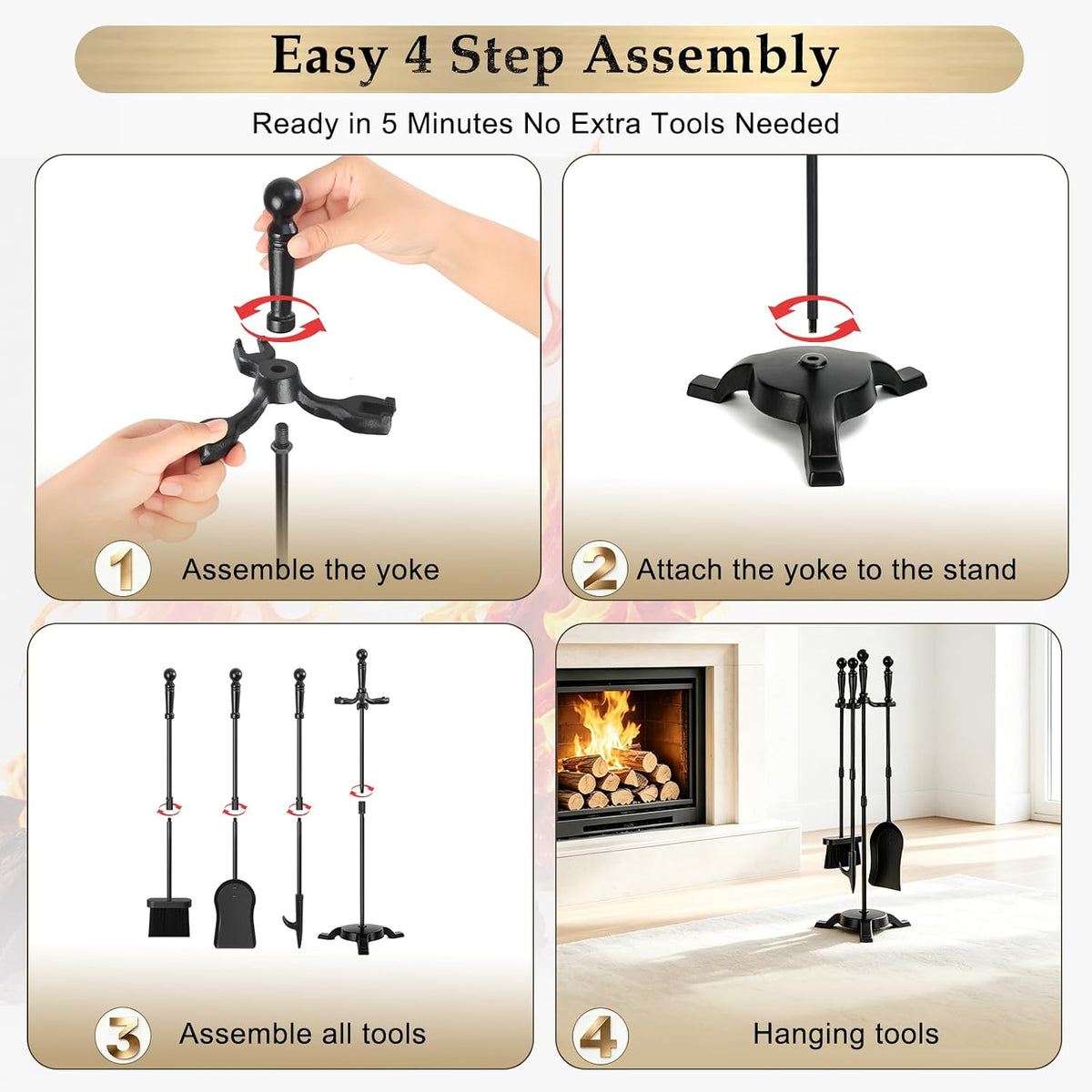 4-Piece Fireplace Tool Set with Stand, 30In Wrought Iron, Black