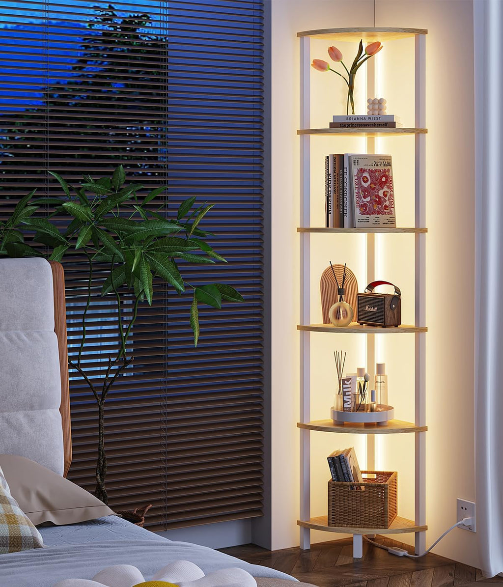 VIMBER 6-Tier Corner Shelf with LED Light, Industrial Corner Ladder Shelf, Rustic Display Shelf for Living Room, Bedroom, Kitchen, Home Office, Sturdy Frame, White and Nature Wood Color UJSJ002Q