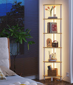 VIMBER 6-Tier Corner Shelf with LED Light, Industrial Corner Ladder Shelf, Rustic Display Shelf for Living Room, Bedroom, Kitchen, Home Office, Sturdy Frame, White and Nature Wood Color UJSJ002Q