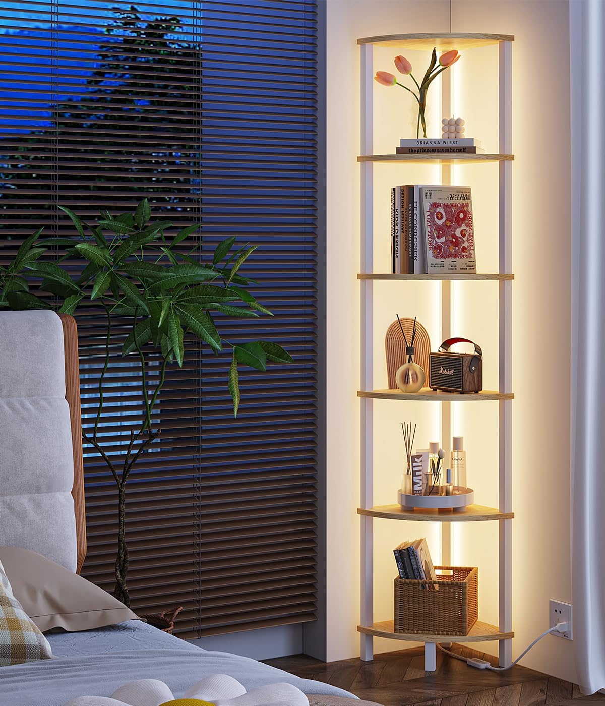 VIMBER 6-Tier Corner Shelf with LED Light, Industrial Corner Ladder Shelf, Rustic Display Shelf for Living Room, Bedroom, Kitchen, Home Office, Sturdy Frame, White and Nature Wood Color UJSJ002Q