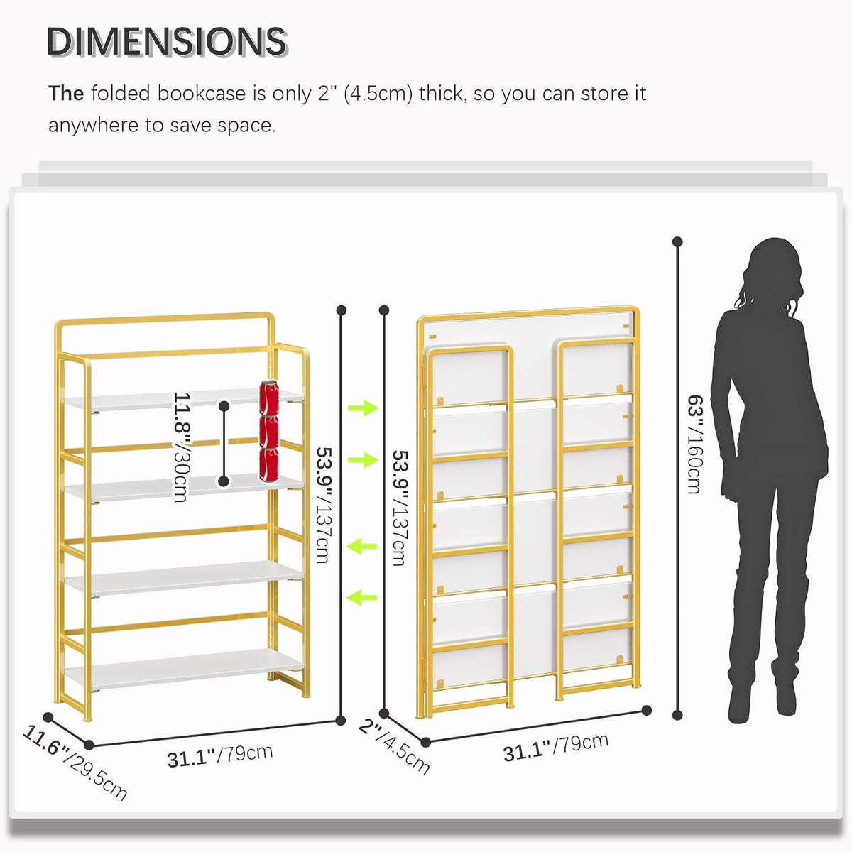 4NM No Assembly Extra Wide 4 Tier Folding Bookshelf Storage Shelves Vintage Bookcase Standing Racks for Bedroom Living Room Home Office