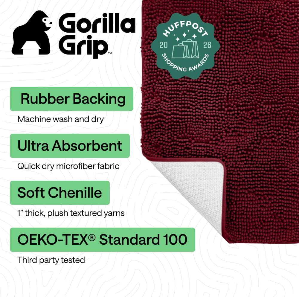 GORILLA GRIP Bath Rug Mat for Bathroom, Absorbent Chenille, 24x17 Burgundy