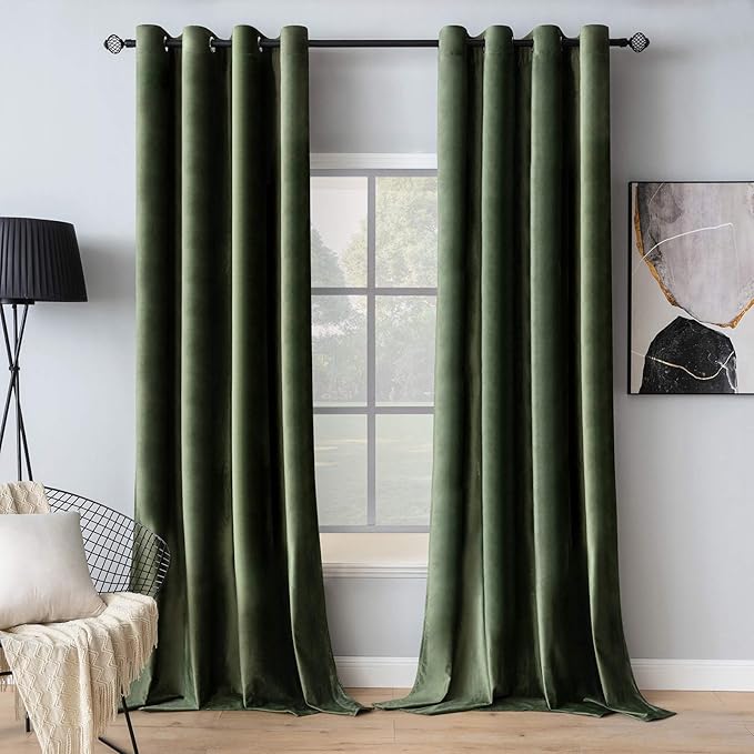MIULEE Velvet Curtains Olive Green Extra Long Elegant Grommet Curtains Thermal by MIULEE