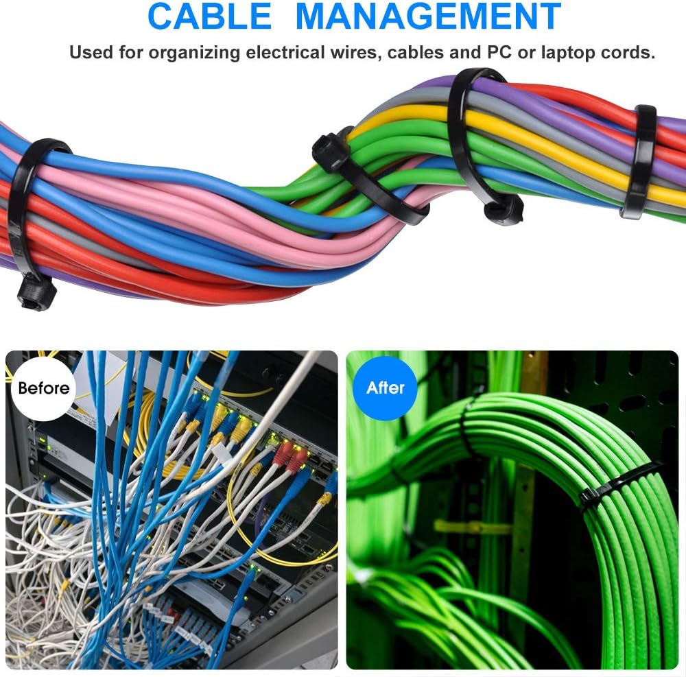 Zip Ties 8 inch Black Zip Ties 1000 Pack, Wire Ties with 50lb Tensile Strength, UV Resistant Cable Ties, Self-locking Plastic Ties for Indoor and Outdoor Use, by Tantti.