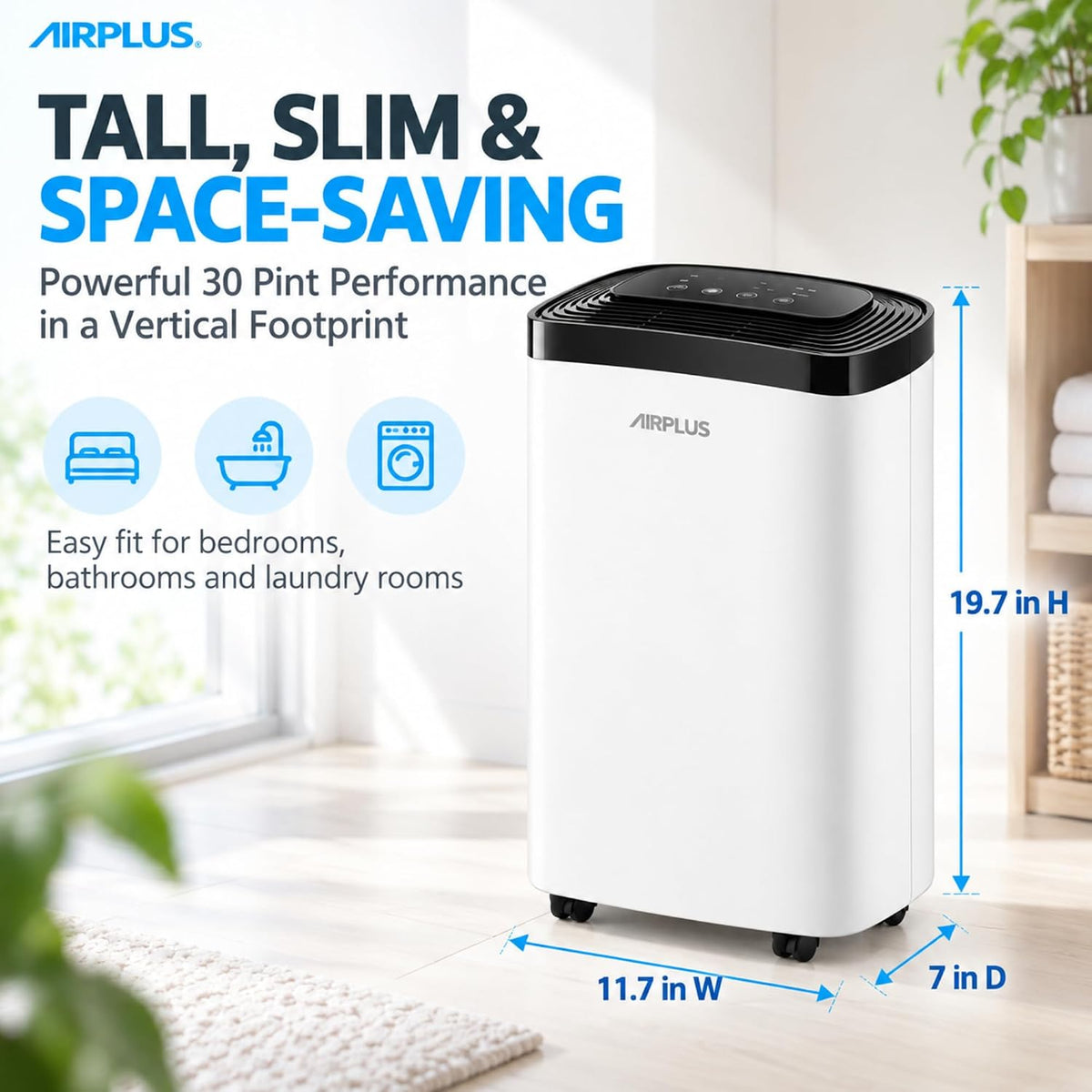 AIRPLUS Max 30 Pint Tall Dehumidifier for Home Bedroom up to 1500 Sq Ft
