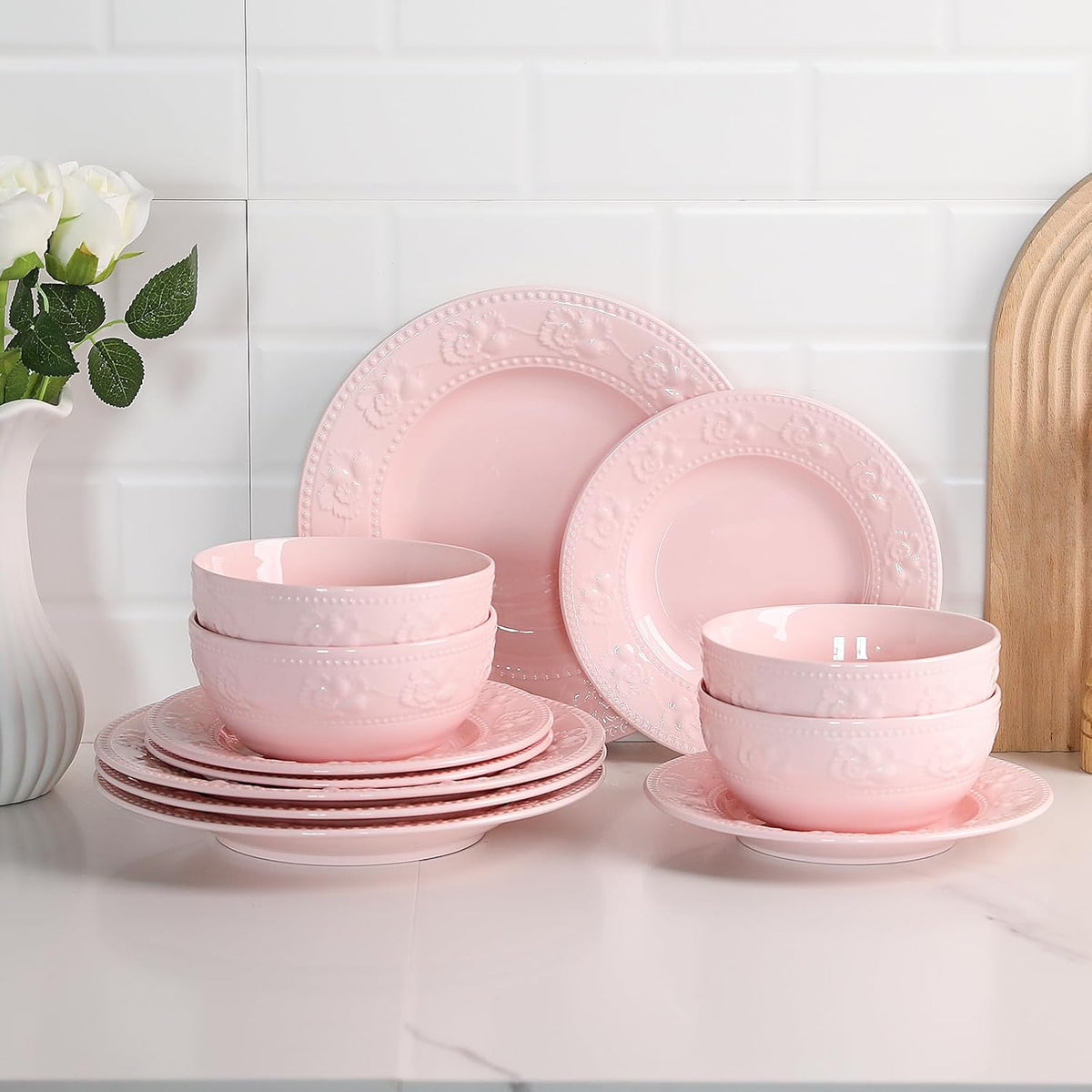 Sweejar Porcelain Dinnerware Se, Flower Plates and Bowls Set of 4