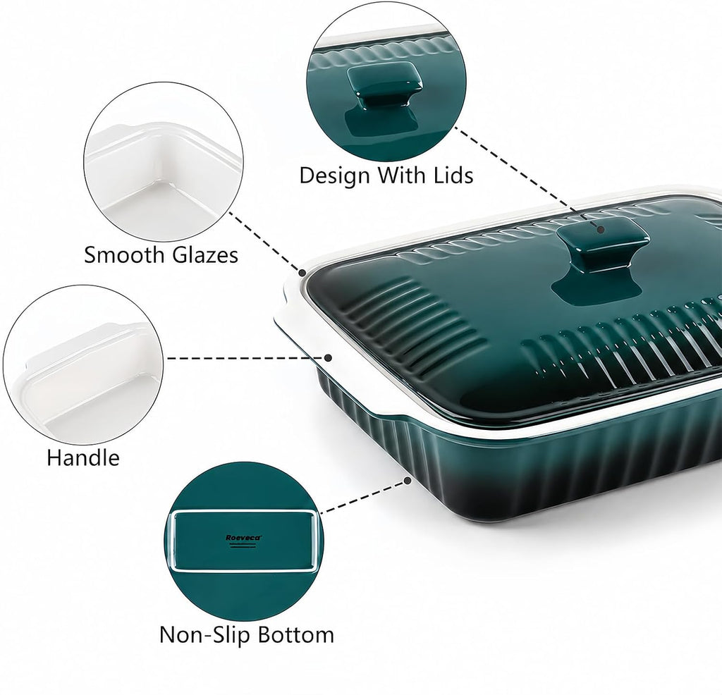 Large Baking Dish with Lid,5.5 Quart Lasagna Pan with Lid, 13.5x9 inch Ceramic Casserole Dish with Lid, Microwave, Dishwasher Safe