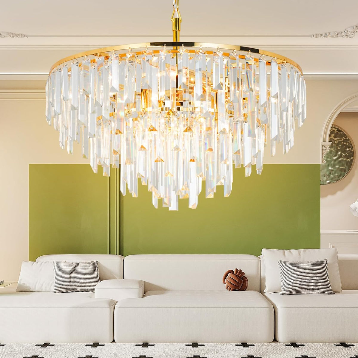 Gold Modern Round Top K9 Crystal Chandelier Lighting Fixture, 8 Lights Round K9 Crystal Adjustable Hanging Lamp for Dining Room Bedroom Living Room,Hallway,Bar,Kitchen W24''