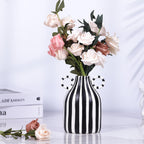 Black and White Striped Ceramic Vase with Double Ring Handles