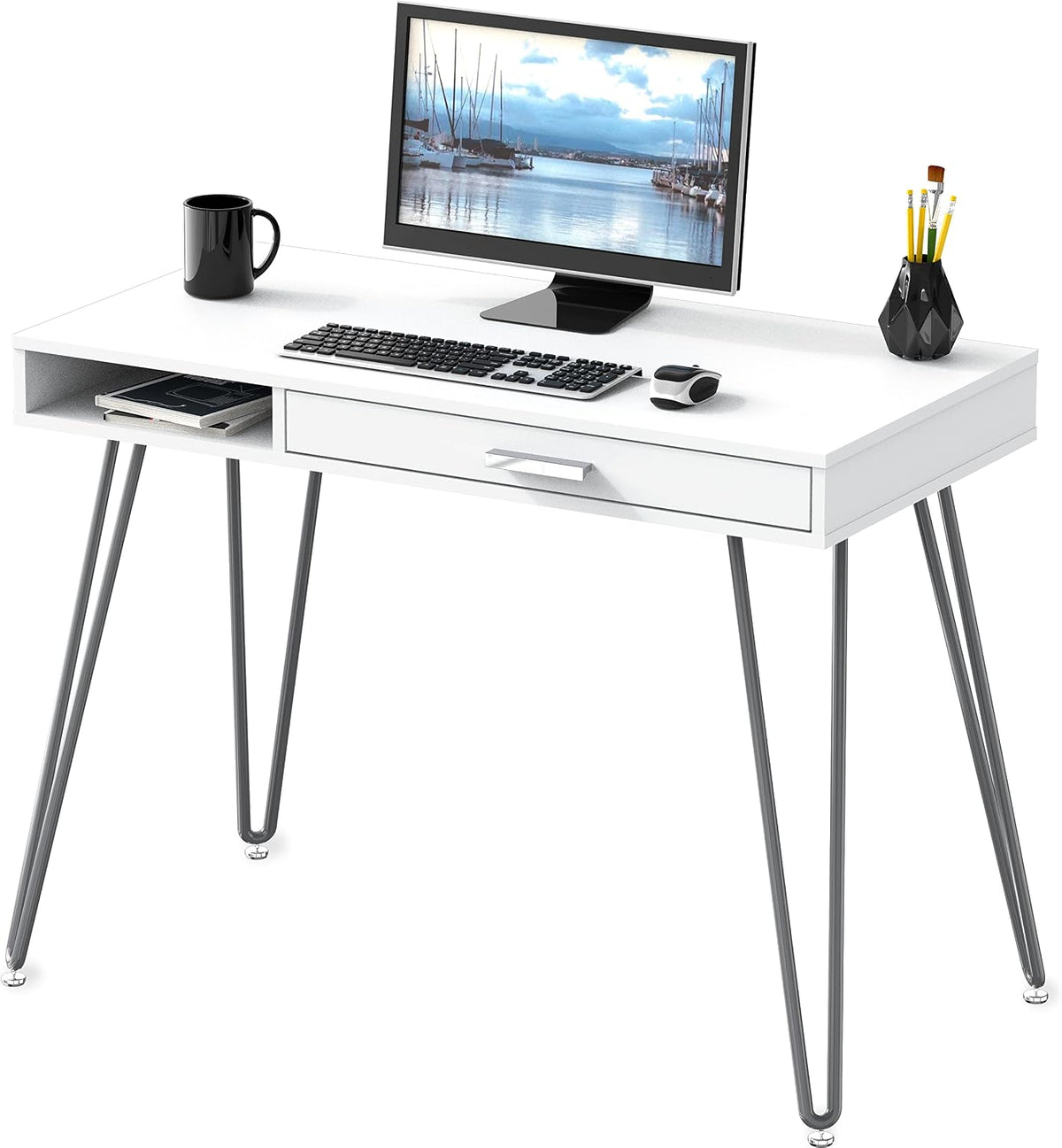SHW Home Office Computer Hairpin Leg Desk with Drawer, Rustic Brown