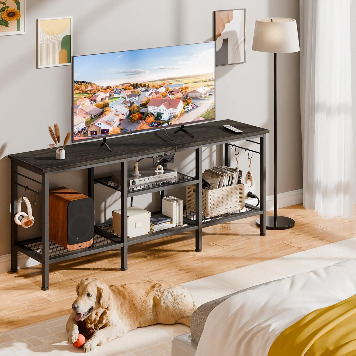 Furologee TV Stand with Power Outlets, Entertainment Center with Open Storage Shelves for TVs up to 55 Inch, Media Console Table with Soundbar Shelf for Living Room, Bedroom, Black Oak