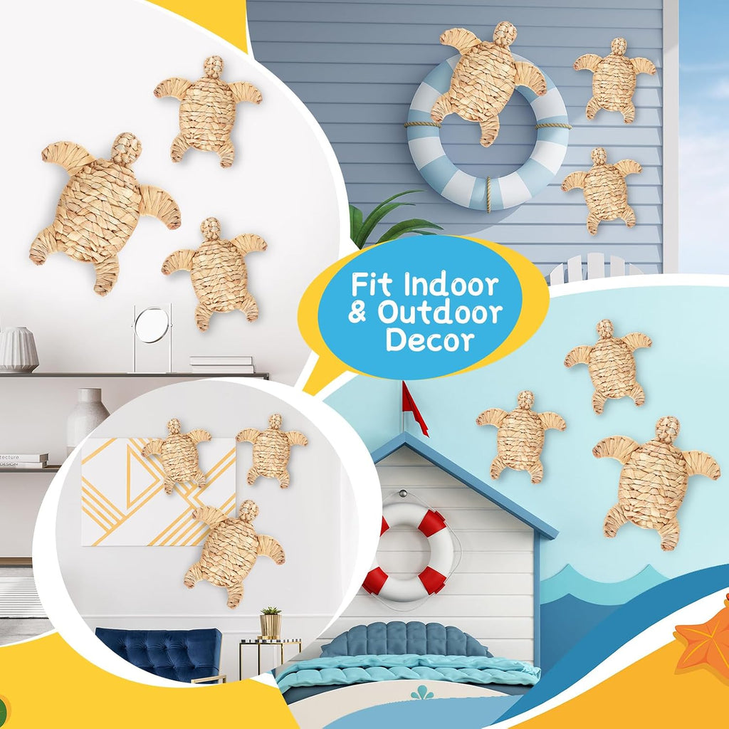 Threehoney 3 Pcs Sea Turtle Beach Decor Handmade Wicker Turtle Wall Decor