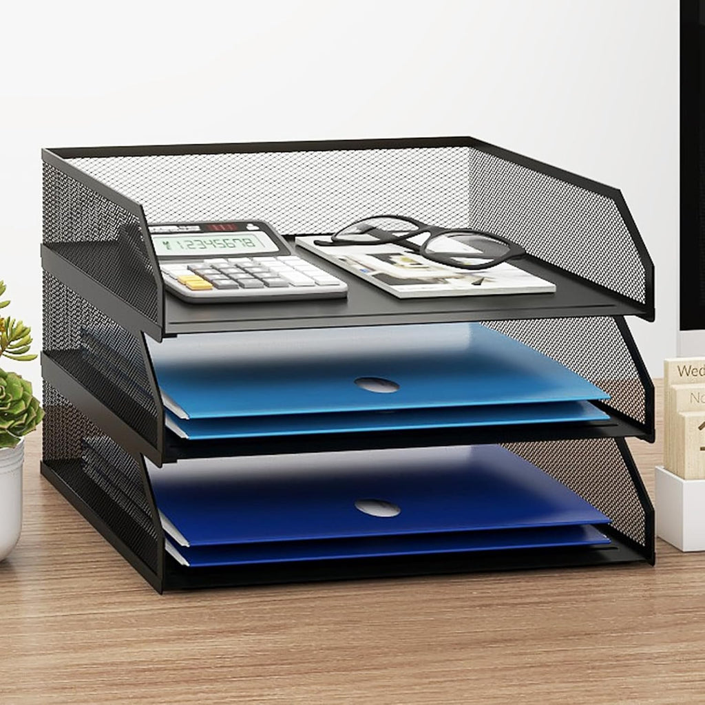 3-Tier Stackable Metal Mesh Paper Organizer with Sliding Tray,Black