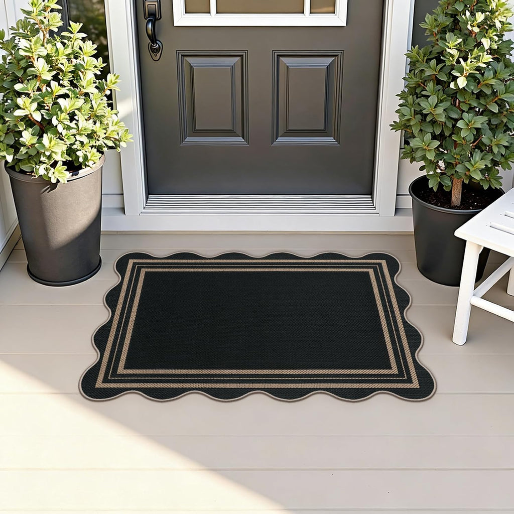Easy Jute Black Entryway Rug, 2x3 Front Door Mat Washable Non Slip Small Kitchen Rug, Indoor Outdoor Farmhouse Scalloped Doormat for Porch Bathroom Doorway
