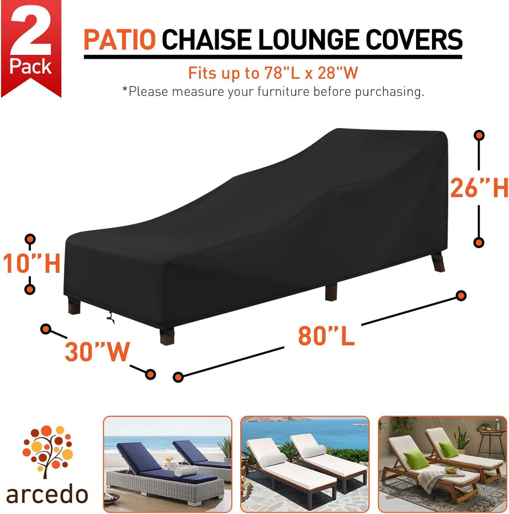 Arcedo Patio Chaise Lounge Cover Waterproof 2 Pack, 80" x 30" x 26" H,Black