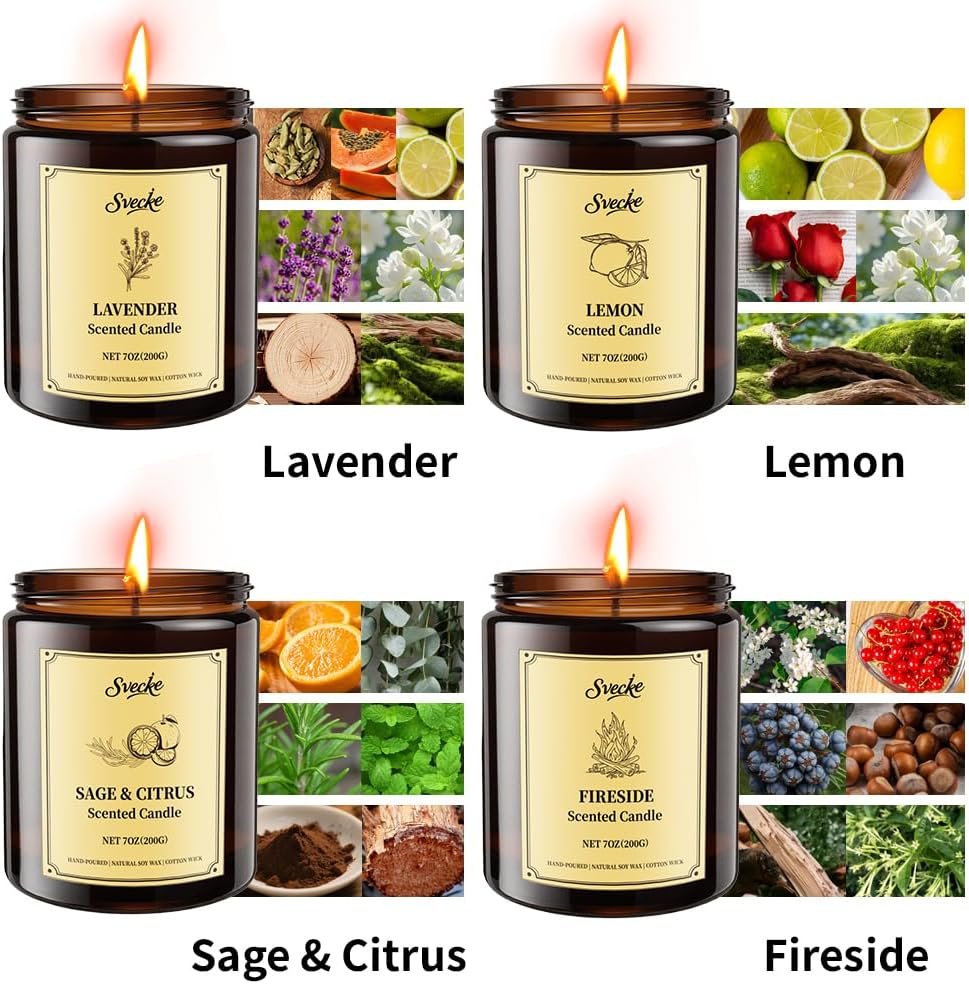 4 Pack Scented Candles, Lemon, Lavender, Sage Citrus, Fireside