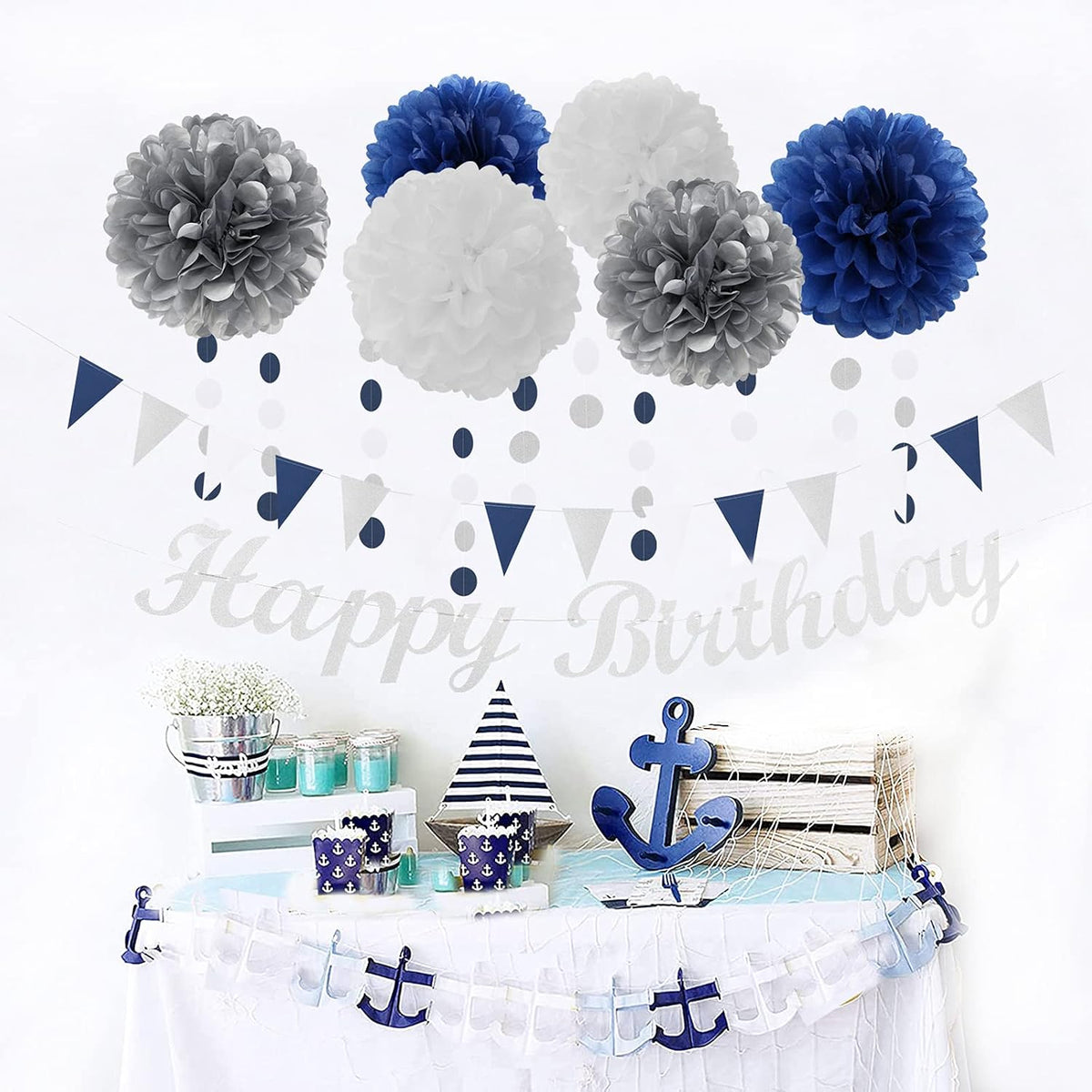 Navy-blue Silver Men-boys Birthday Decorations - 27pcs Party Kits Happy Birthday Banner Flags,40th 50th Birthday Decor Tissue Paper Pom Poms,Tassel Streamers Garland Party supplies Lasting Surprise