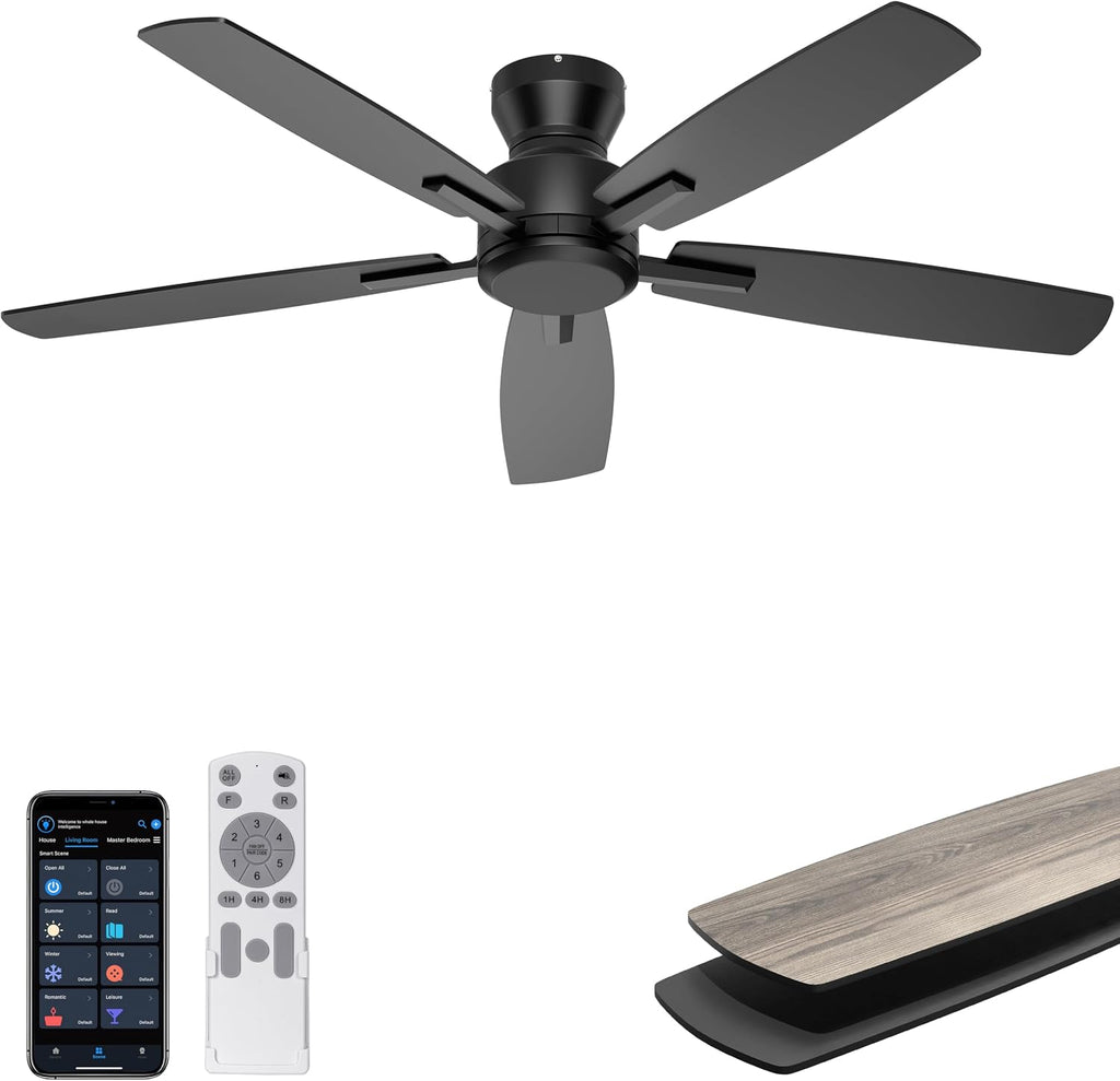 Ohniyou 52'' Low Profile Ceiling Fan No Light, for Indoor/Covered Outdoor