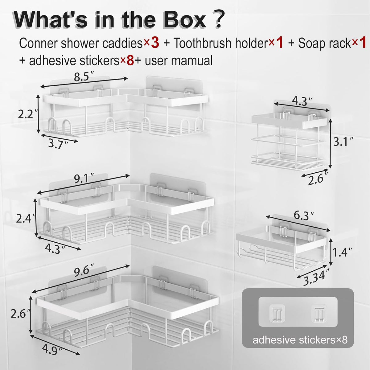 Corner Shower Caddy 5 Pack Adhesive Stainless Steel Organizer White