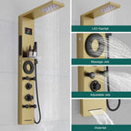 Hoimpro Brushed Gold LED Shower Panel Tower System,2 In 1Function Shower Panel Light Rainfall Waterfall Shower Rain Massage System with Body Jets Handheld Shower Sprayer, Stainless Steel, Wall Mount