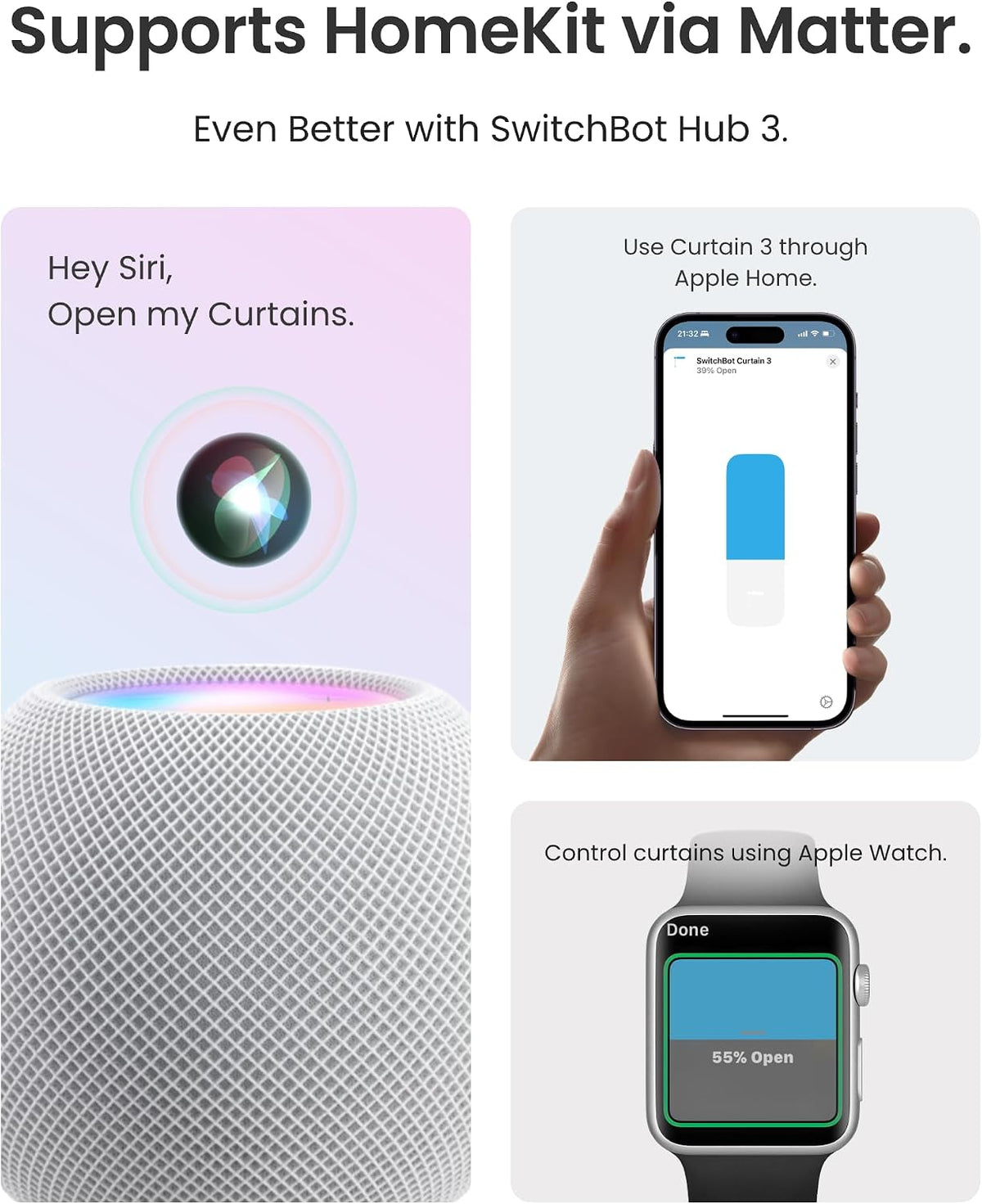 SwitchBot 2025 Automatic Curtain Opener 3 Rod-Bluetooth Remote Control, WiFi&APP Control, Upgraded High-Performance, Add Hub to Work with Alexa, Google Home, HomeKit via Matter(2025 Curtain Opener*2)