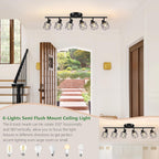 Baocuz 6-Lights Black Semi Flush Mount Ceiling Light, Multi-Directional Ceiling Light Fixtures, Rotatable Kitchen Track Lighting Fixtures with Wire Cages for Living Room, Dining Table, Foyer
