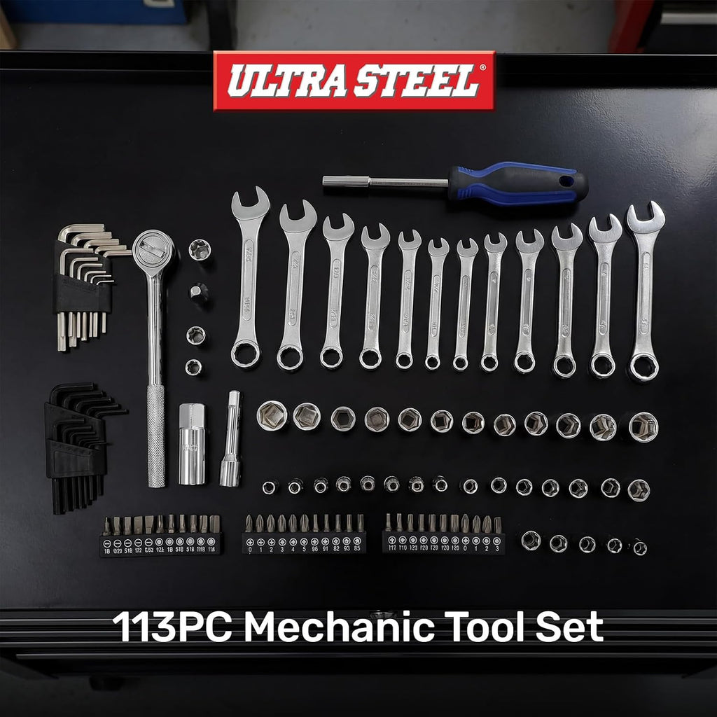 113PC Mechanic Tool Set, Ratchet, Sockets, Wrenches, Hex Keys