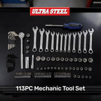113PC Mechanic Tool Set, Ratchet, Sockets, Wrenches, Hex Keys