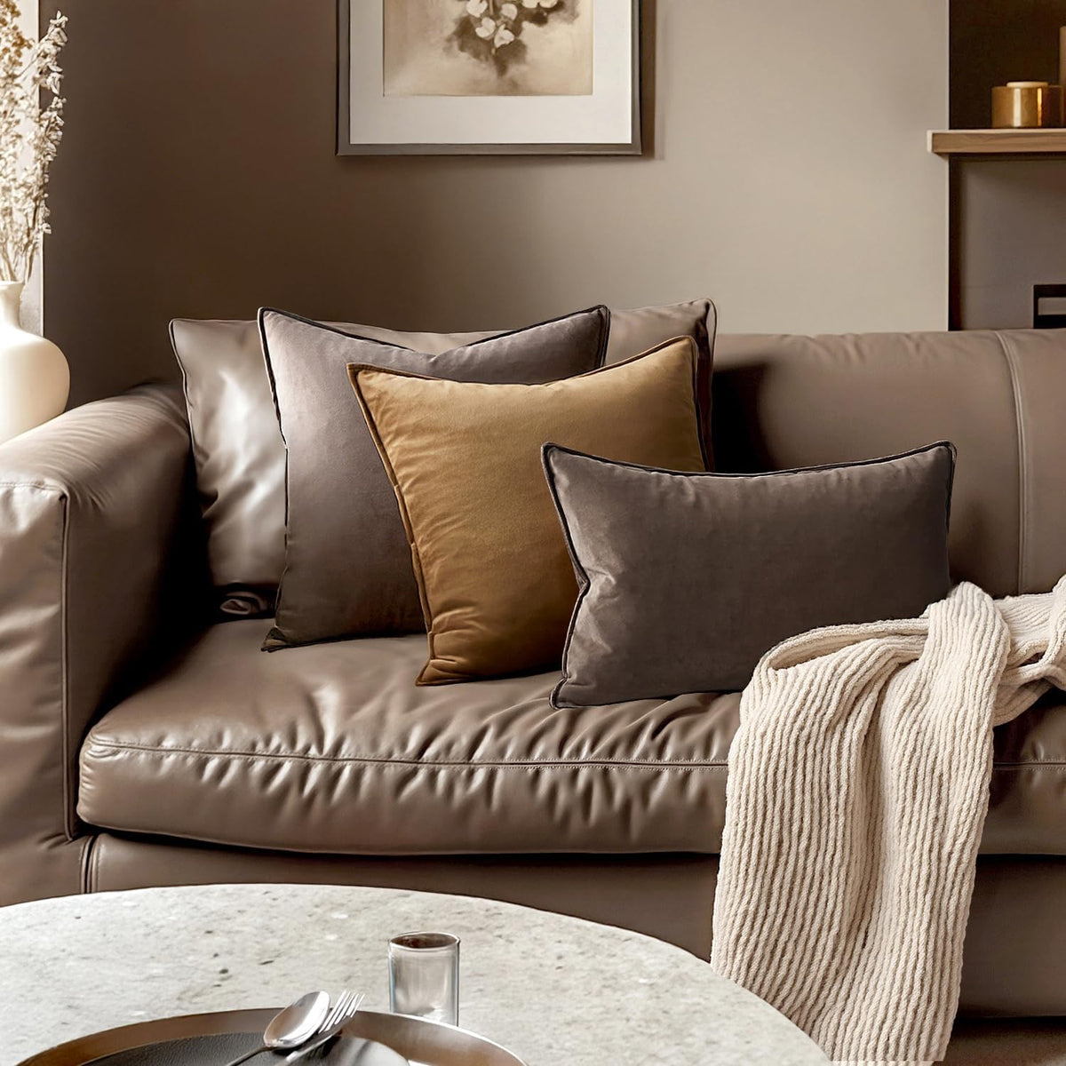 MIULEE Decorative Dark Coffee Velvet Throw Pillow Covers for Couch 20x20 in