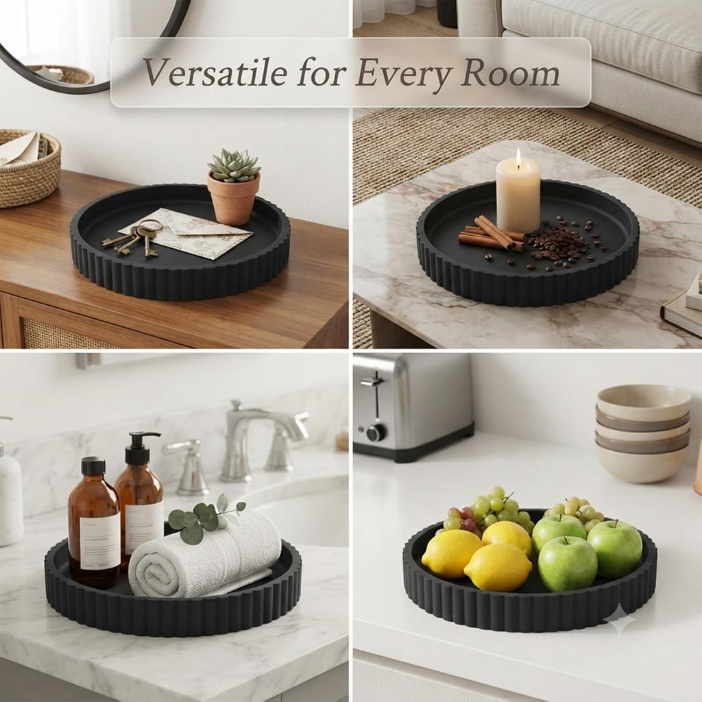 Round Solid Concrete Tray, Fluted Centerpiece for Coffee Table Decor 11"